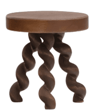A small, round-top stool featuring three highly distinctive, spiral-twisted legs, crafted from dark-… — 3D model