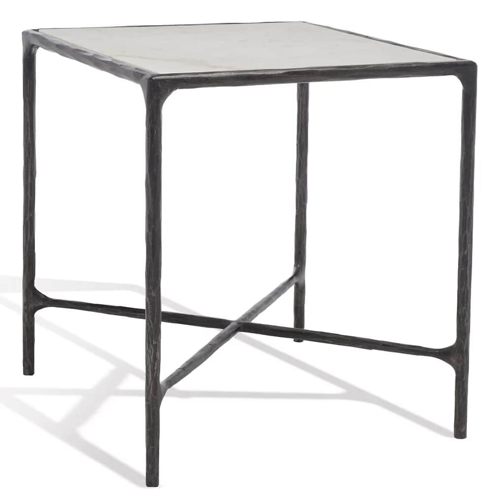 A square side table featuring a white marble top and a dark, textured hammered metal frame. The fram… — 3D model