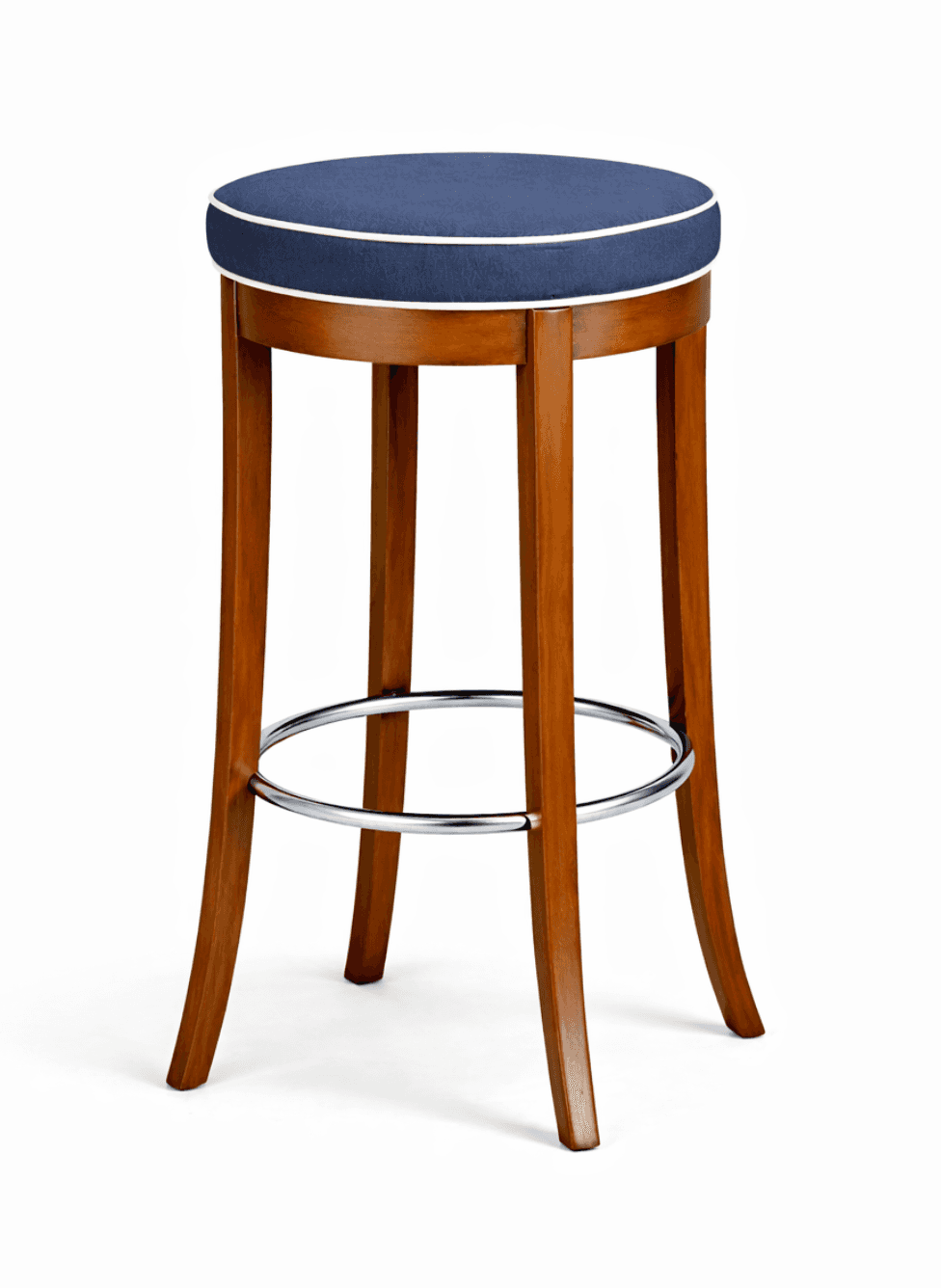 A round-top bar stool with a cushioned seat and a wooden frame. The seat is upholstered in dark blue… — 3D model