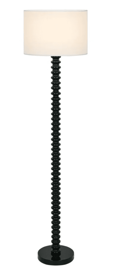A contemporary floor lamp featuring a tall, slender stem composed of numerous glossy black spherical… — 3D model