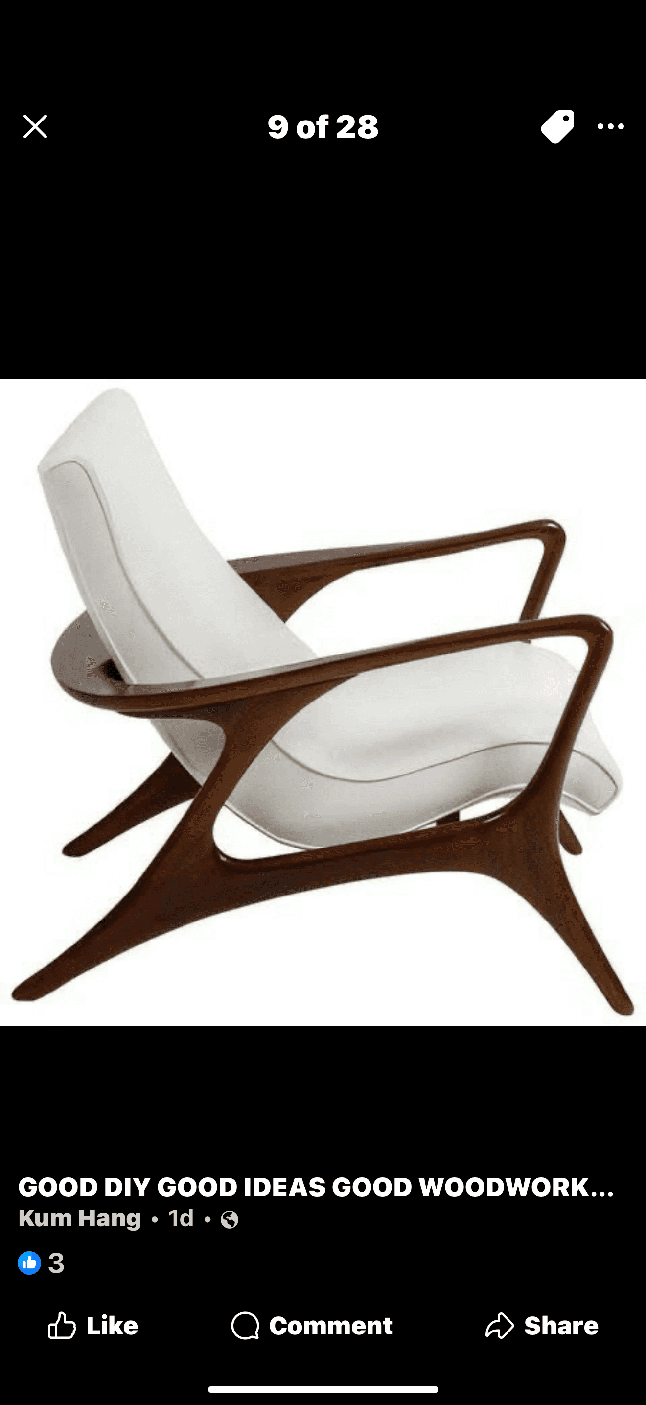 A lounge chair with a distinctive organic, sculptural form. The frame is constructed from dark, poli… — 3D model