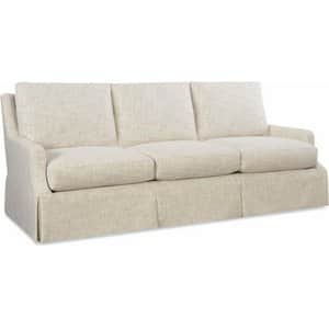 A traditional-style three-seat sofa upholstered in a light-colored, textured fabric. It features a f… — 3D model