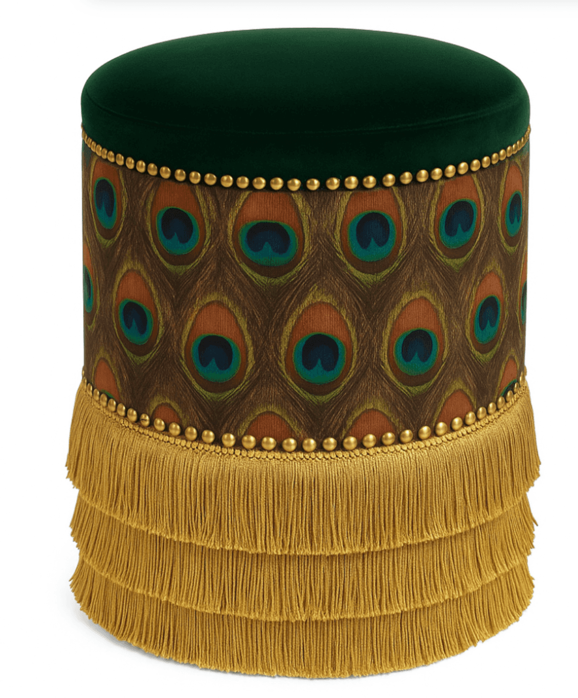 A cylindrical ottoman upholstered in a dark green velvet on the top surface. The side of the ottoman… — 3D model