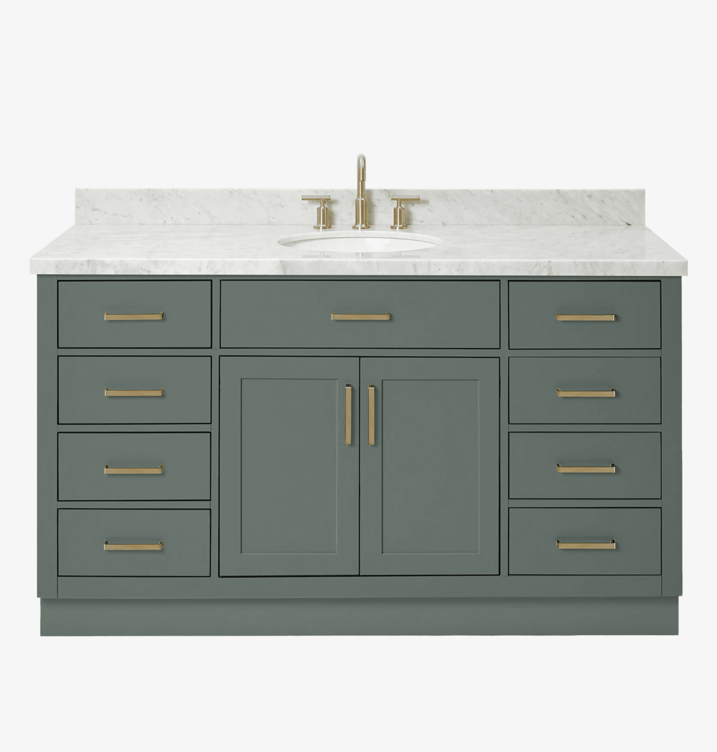 A freestanding bathroom vanity featuring a white marble countertop with an integrated sink and a gol… — 3D model