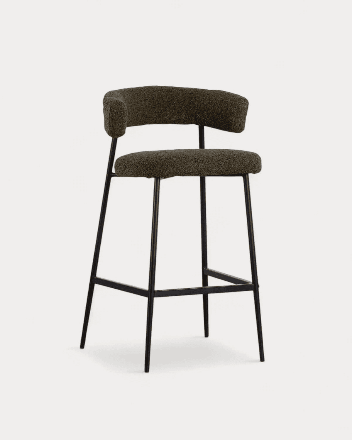 A modern bar stool with a curved backrest and seat, upholstered in a textured, olive-green fabric. T… — free SKP 3D model