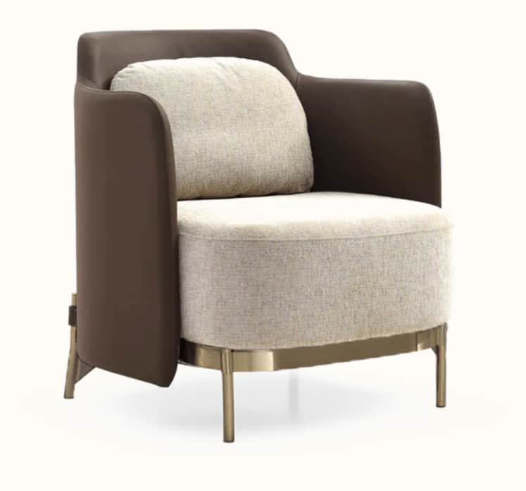 A modern armchair with a rounded silhouette. The frame features rich brown upholstery, likely leathe… — free GLTF 3D model