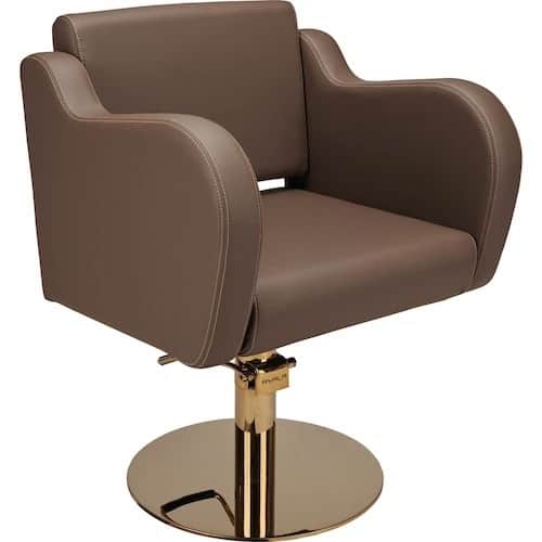 A modern salon chair featuring brown upholstered seat, backrest, and integrated armrests with light… — 3D model