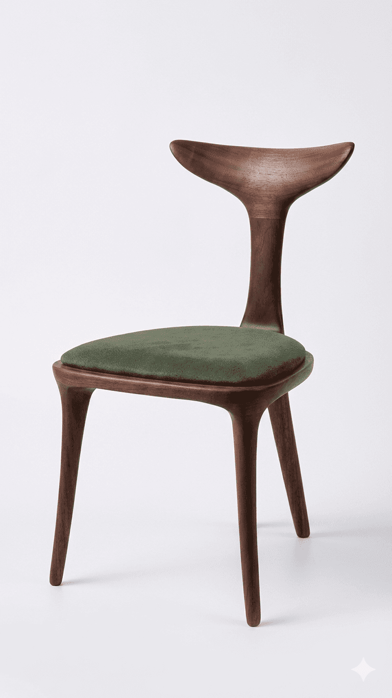 A wooden dining chair with a sculptural backrest and a green upholstered seat. The chair features fo… — 3D model