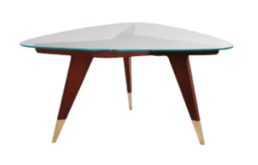 A contemporary coffee table featuring an organic, rounded triangular glass top. The clear glass top… — free STL 3D model