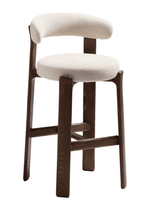 A bar stool with a curved backrest and a circular seat, featuring a wooden frame and upholstered sea… — 3D model