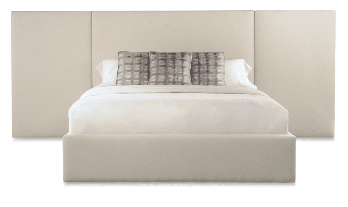 A contemporary upholstered platform bed featuring an extra-wide panel headboard and a matching uphol… — 3D model