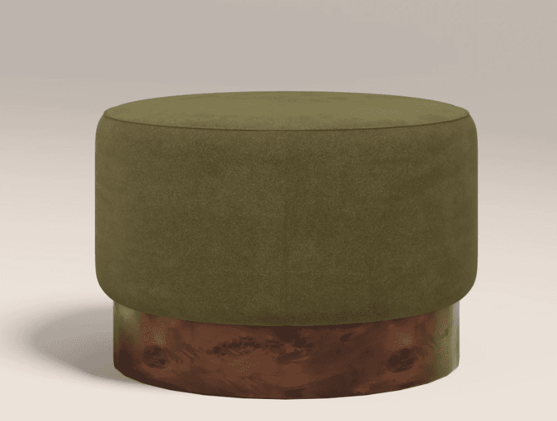 A cylindrical ottoman with a rounded top upholstered in a textured olive green fabric, set on a dist… — 3D model