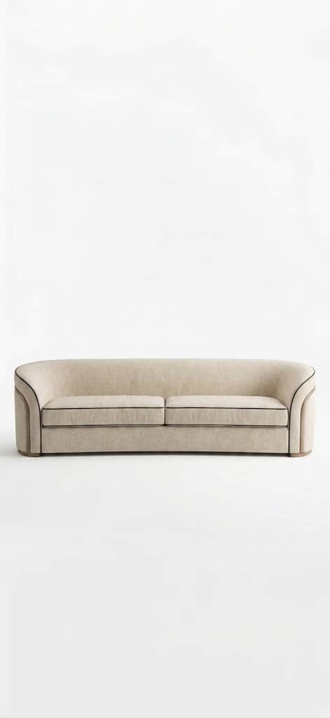 A light beige upholstered sofa featuring a gently curved back and armrests that flow seamlessly from… — free GLTF 3D model