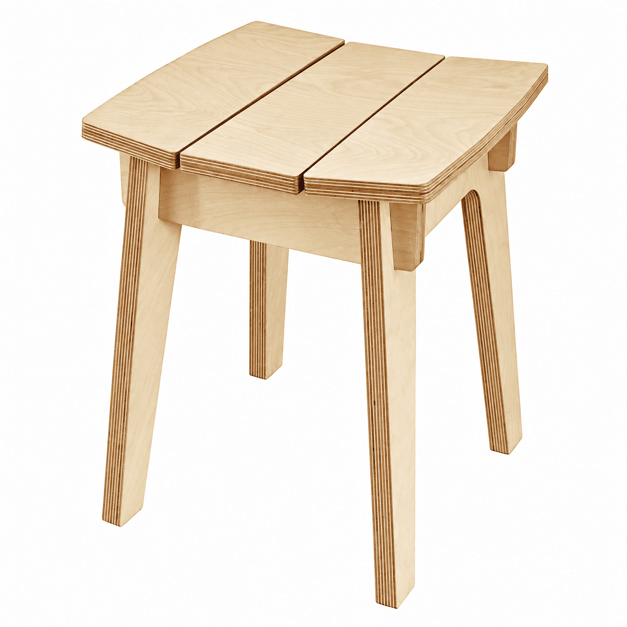 A light-colored wooden stool featuring a square seat composed of three slightly curved slats, suppor… — free SKP 3D model