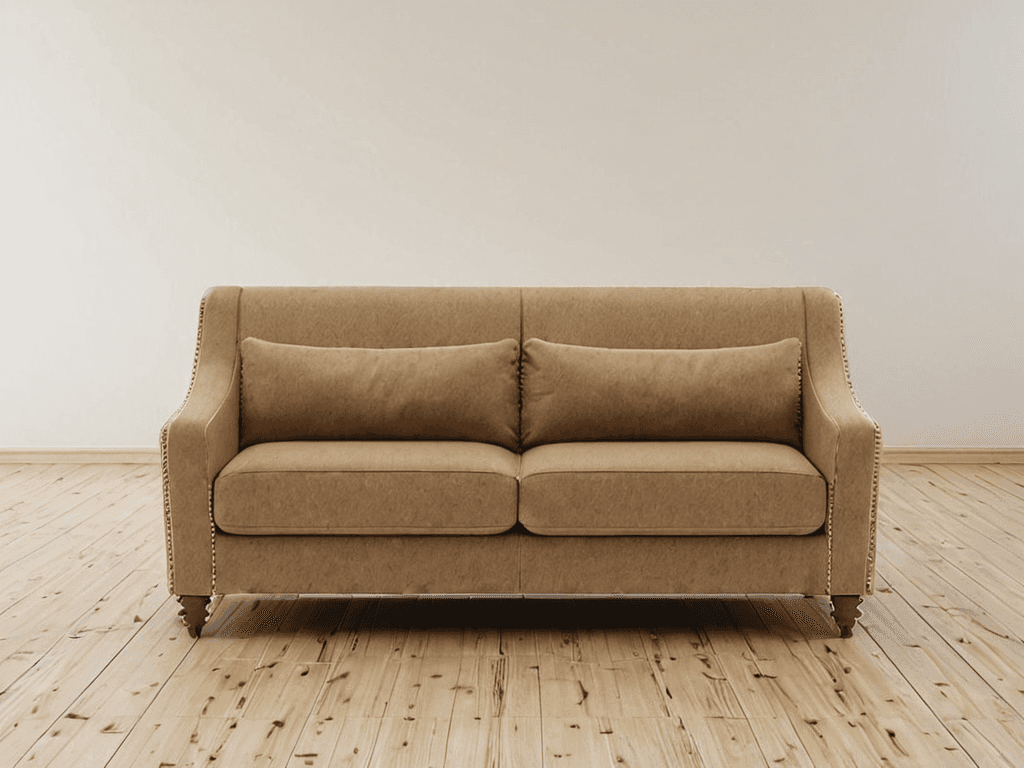 A two-seater sofa with a high back and plush cushions. The sofa is upholstered in a tan or light bro… — free GLTF 3D model