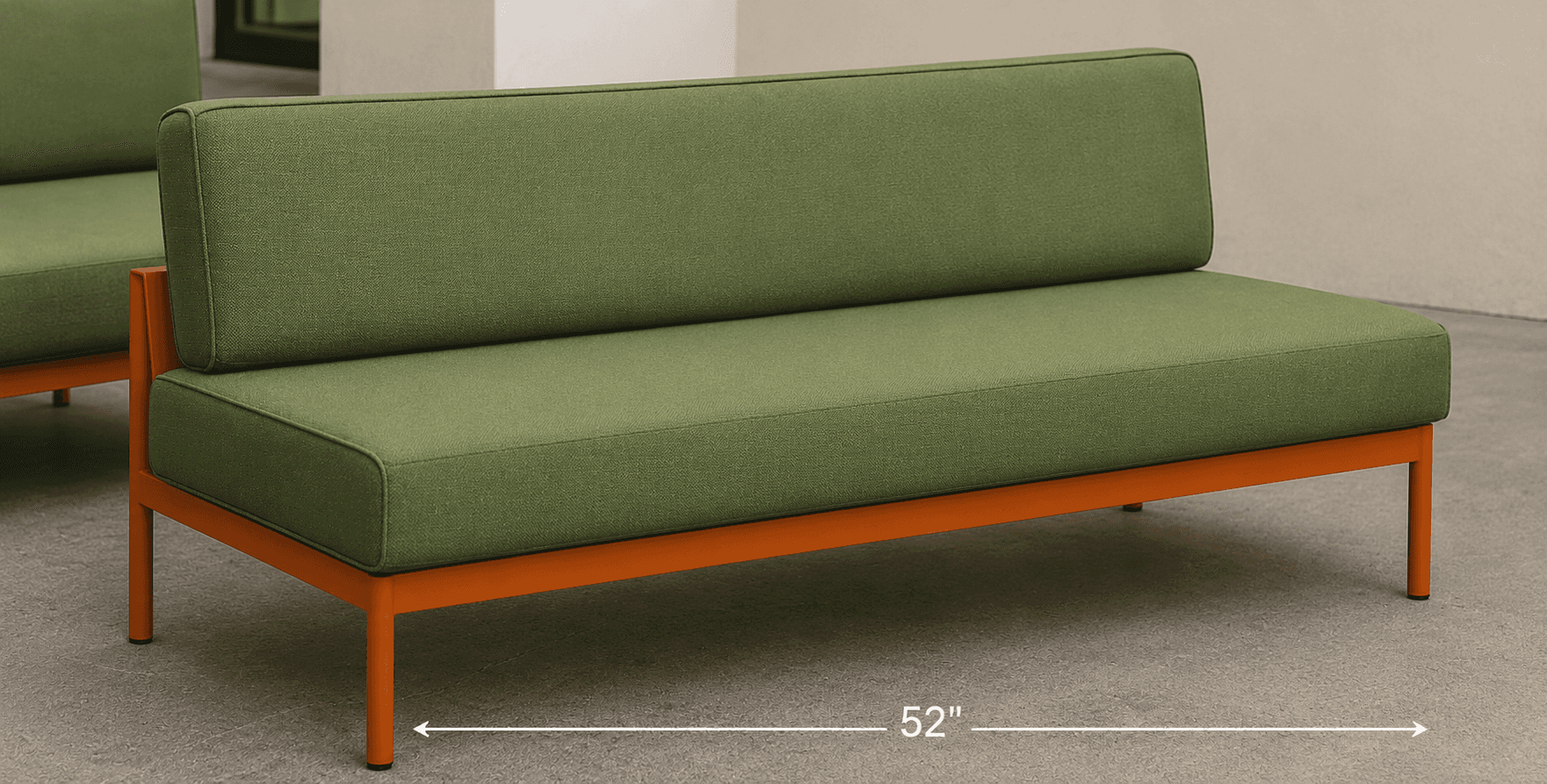 A contemporary, armless two-seater loveseat featuring a minimalist design with green fabric upholste… — 3D model