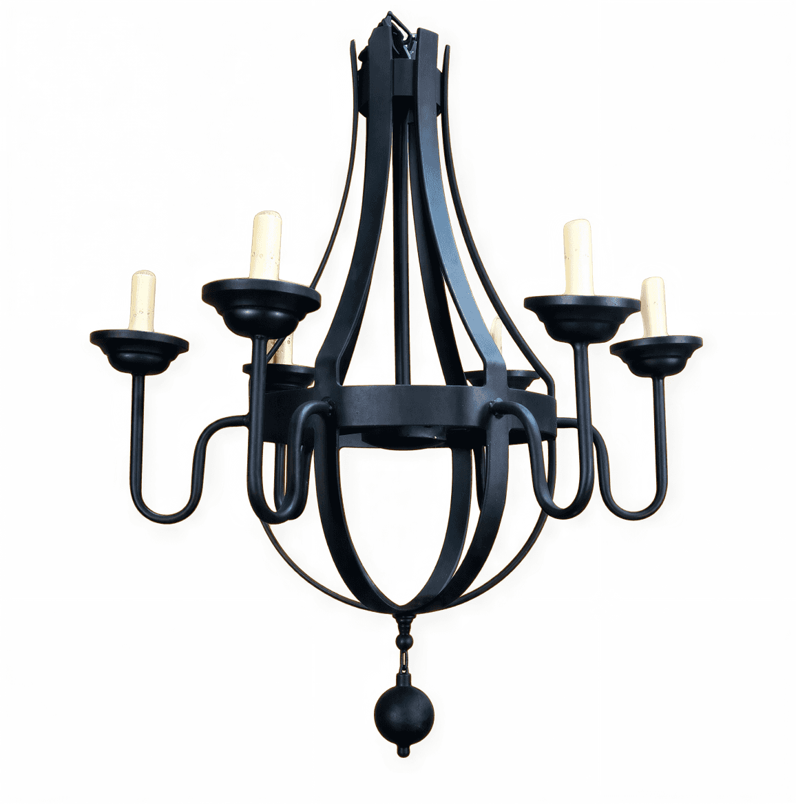 A matte black wrought iron chandelier featuring a central cage-like frame and five curved arms, each… — 3D model