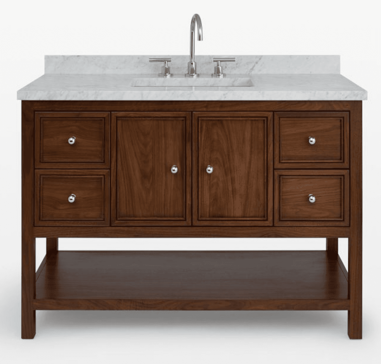 A freestanding bathroom vanity unit with a white marble countertop, featuring a built-in sink and a… — 3D model