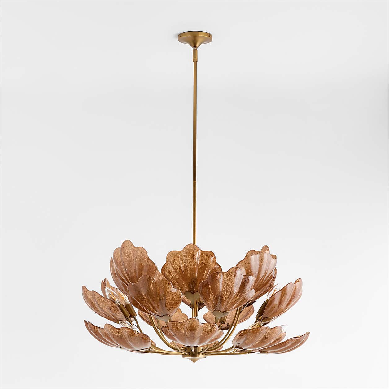 A multi-tiered chandelier featuring numerous petal-shaped shades made from textured amber-colored gl… — 3D model
