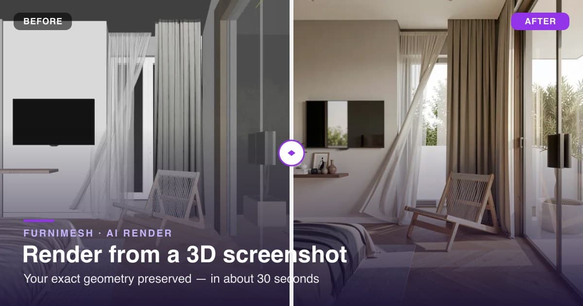 A raw 3D viewport screenshot beside its photorealistic AI render — same room, geometry preserved