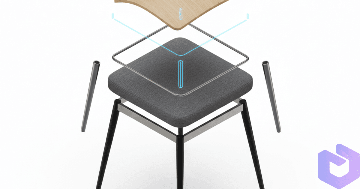 Exploded isometric view of a chair with parts separated, showing the parts separation feature