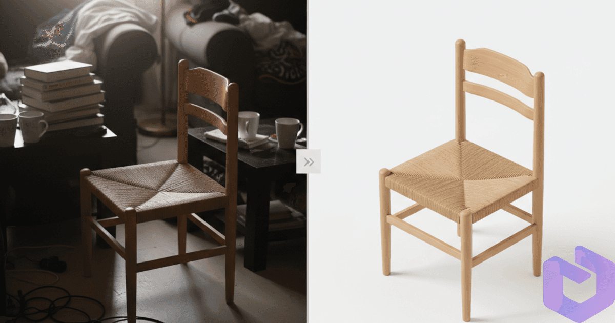 Split-frame: messy phone photo of a chair on the left, clean isometric studio render of the same chair on the right