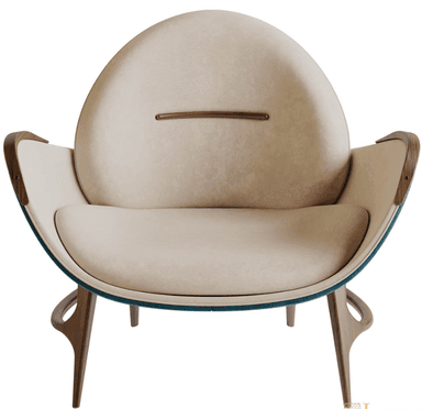A modern armchair with a curved, organic silhouette. The chair features a high back that wraps around to form armrests. The exterior shell is upholstered in a dark teal fabric, contrasting with the light beige upholstered interior seating and backrest. The frame and legs are constructed from dark wood with a visible grain, exhibiting a sleek, minimalist design. — 3D model