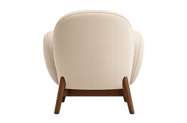 A modern upholstered lounge chair featuring soft, rounded contours and a plush appearance. It has a continuous backrest and armrest design, fully upholstered in a light-colored, textured fabric, resting on four splayed, tapered wooden legs. — 3D model