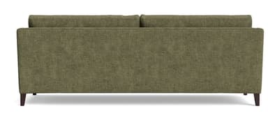 A contemporary three-seater sofa upholstered in a textured olive green fabric, featuring clean lines, track arms, and dark wooden tapered legs. — 3D model
