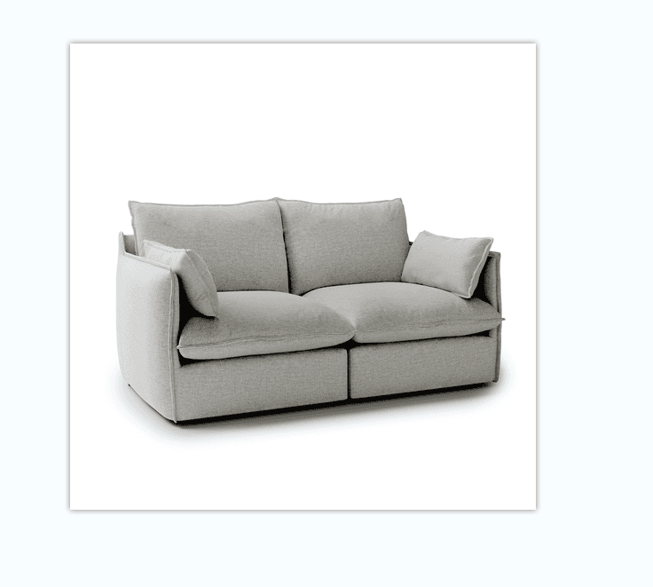 A two-seater sofa with a low profile and plush, overstuffed cushions. The sofa features a modern, modular design with integrated armrests and a single, continuous seat cushion divided into two sections. It includes two back cushions and one smaller accent pillow. The upholstery appears to be a textured fabric. — 3D model