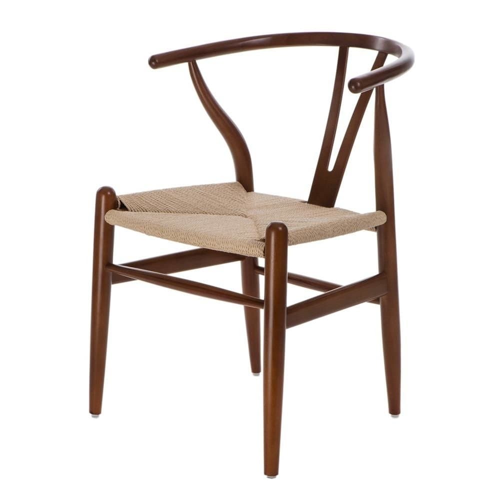 A side chair with a distinctive curved, Y-shaped backrest and armrests. The seat is upholstered with a woven natural material. The frame consists of four tapered legs, a curved top rail, and supporting struts for the backrest and seat. — 3D model