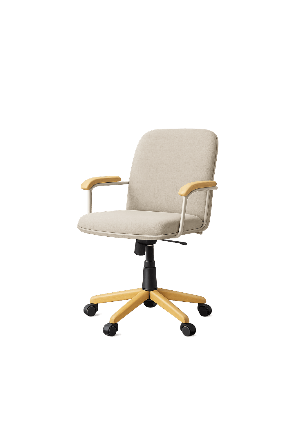 A modern office chair with a light-colored fabric upholstered seat and backrest, supported by a metal frame and wooden armrests. It features a black pneumatic lift mechanism and a five-star base with wheels, finished in a light wood tone. — 3D model
