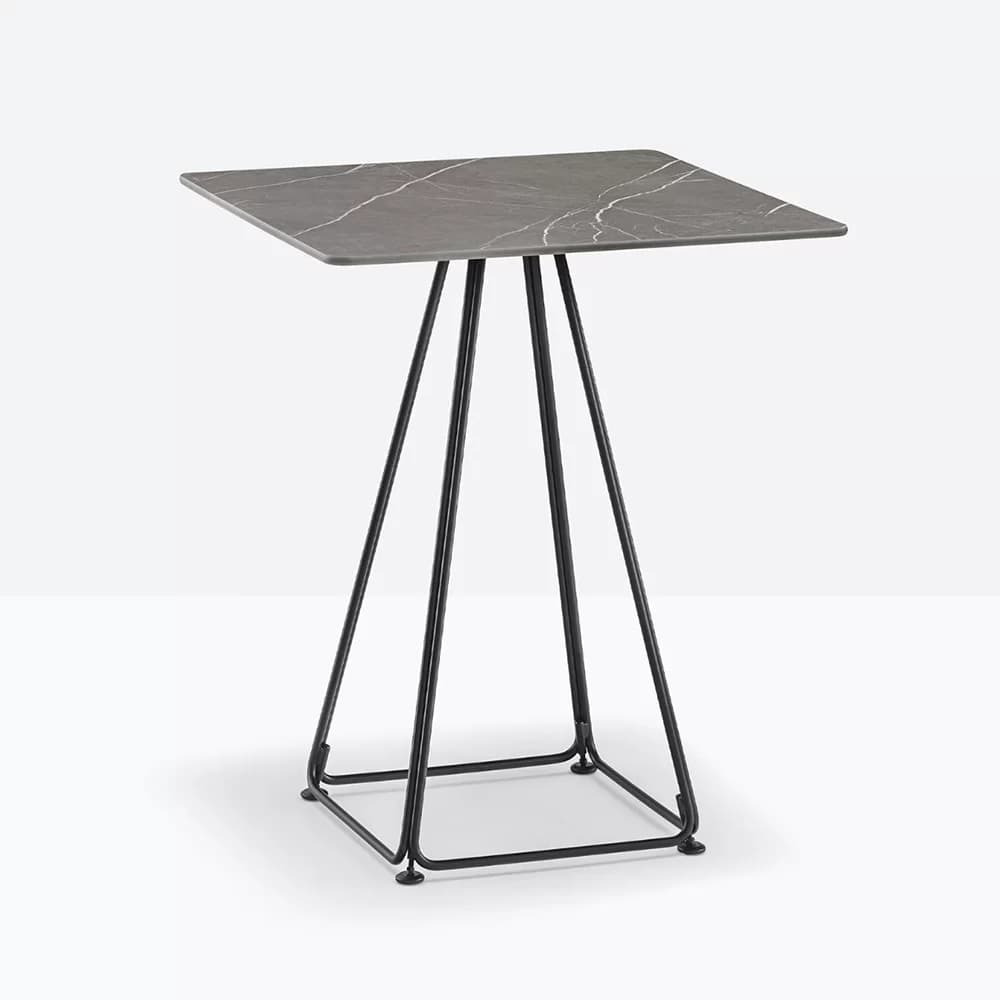 A square-topped side table with a marble-like gray surface and a geometric black metal base. The base consists of four slender legs that converge towards the center and are connected by a square frame at the bottom, providing stability. The top has a subtle veining pattern reminiscent of natural stone. — 3D model
