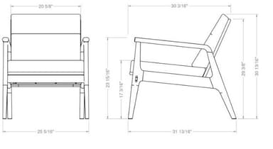 A two-view technical drawing of a modern lounge chair, featuring a sturdy wooden frame, padded seat and back cushions, and integrated armrests. The diagram includes precise dimensions for height, width, and depth. — 3D model