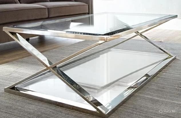 A modern coffee table with a rectangular shape, featuring a two-tiered design. The frame is constructed from metal with a brushed silver finish. The upper and lower surfaces appear to be made of glass or a similar reflective material, possibly with a frosted or opaque finish, resting within the metal frame. The base is characterized by intersecting geometric supports creating an 'X' shape on each side, contributing to its contemporary aesthetic. — 3D model