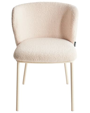 A dining chair with a curved backrest and seat upholstered in a textured, boucle-like fabric. The chair has four slender, angled legs made of metal, finished in a cream or beige color. The upholstery appears to be a light cream or off-white. There is a subtle seam running down the center of the backrest. — 3D model