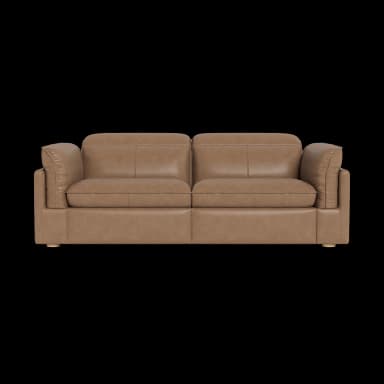 A two-seater sofa with a tailored design, featuring plush cushions and a supportive frame. The upholstery appears to be leather and the color is a neutral tan or light brown. The sofa has a contemporary yet classic aesthetic, with clean lines and slightly rounded armrests. It is elevated by short, discreet wooden legs. — 3D model