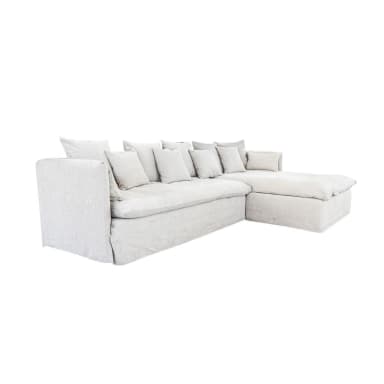 A large, modular sectional sofa with a chaise lounge extension. The sofa features a low-profile design with loose back cushions and bolster pillows on the arms. It is upholstered in a textured, light-colored fabric. — 3D model