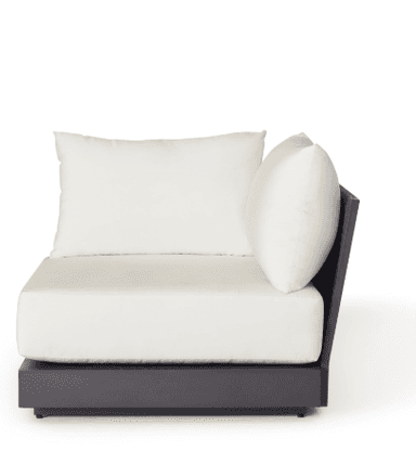 A contemporary outdoor lounge chair featuring a dark grey powder-coated metal frame and a distinctive woven rope backrest. It is equipped with thick, light-colored upholstered cushions for comfort and a modern aesthetic. — 3D model