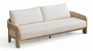 A contemporary two-seater loveseat featuring a visible light-toned oak wood frame and cream-colored fabric upholstery. It has a solid wooden base with integrated legs, gracefully curved armrests, and loose, plush seat and back cushions. — 3D model