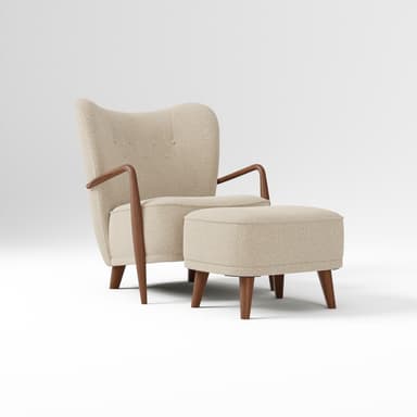 A mid-century modern style armchair with a matching ottoman. The armchair features a high, winged backrest with button tufting and curved wooden armrests. The upholstery is a textured, light beige fabric. The ottoman is rectangular and upholstered in the same fabric, supported by four tapered wooden legs. — 3D model