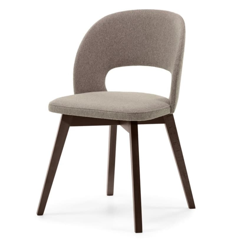 A modern side chair with a gently curved, upholstered backrest featuring an open cutout. The seat is also upholstered and appears to be integrated with the wooden base. The base consists of four angled wooden legs with a dark stain. — 3D model