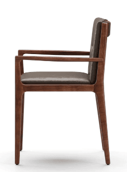 A modern armchair featuring a solid wood frame and upholstered seat and backrest. The wood has a dark brown finish, and the upholstery is a complementary dark brown or taupe material, likely leather or faux leather. The chair has a clean, minimalist design with integrated armrests and slightly tapered legs. — 3D model