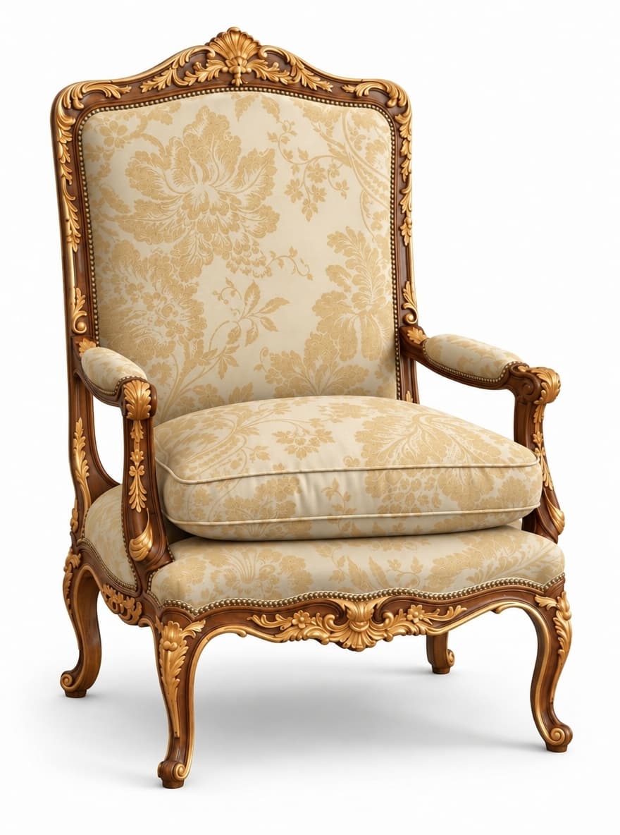 An opulent armchair featuring a highly ornate, gilded carved wood frame and upholstered in a luxurious cream and gold damask floral fabric. The chair has a high back, open arms with padded rests, and cabriole legs, all adorned with intricate Rococo-style carvings such as acanthus leaves, shells, and scrolls. It includes a loose seat cushion and a fixed back cushion, both covered in the same patterned fabric. — 3D model