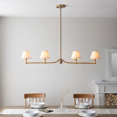 A linear chandelier with a central pole extending to a horizontal arm from which four lampshades are suspended. The structure is made of a metallic material, possibly brass, with a matte finish. The lampshades are conical and appear to be made of fabric, emitting a warm, diffused light. — 3D model
