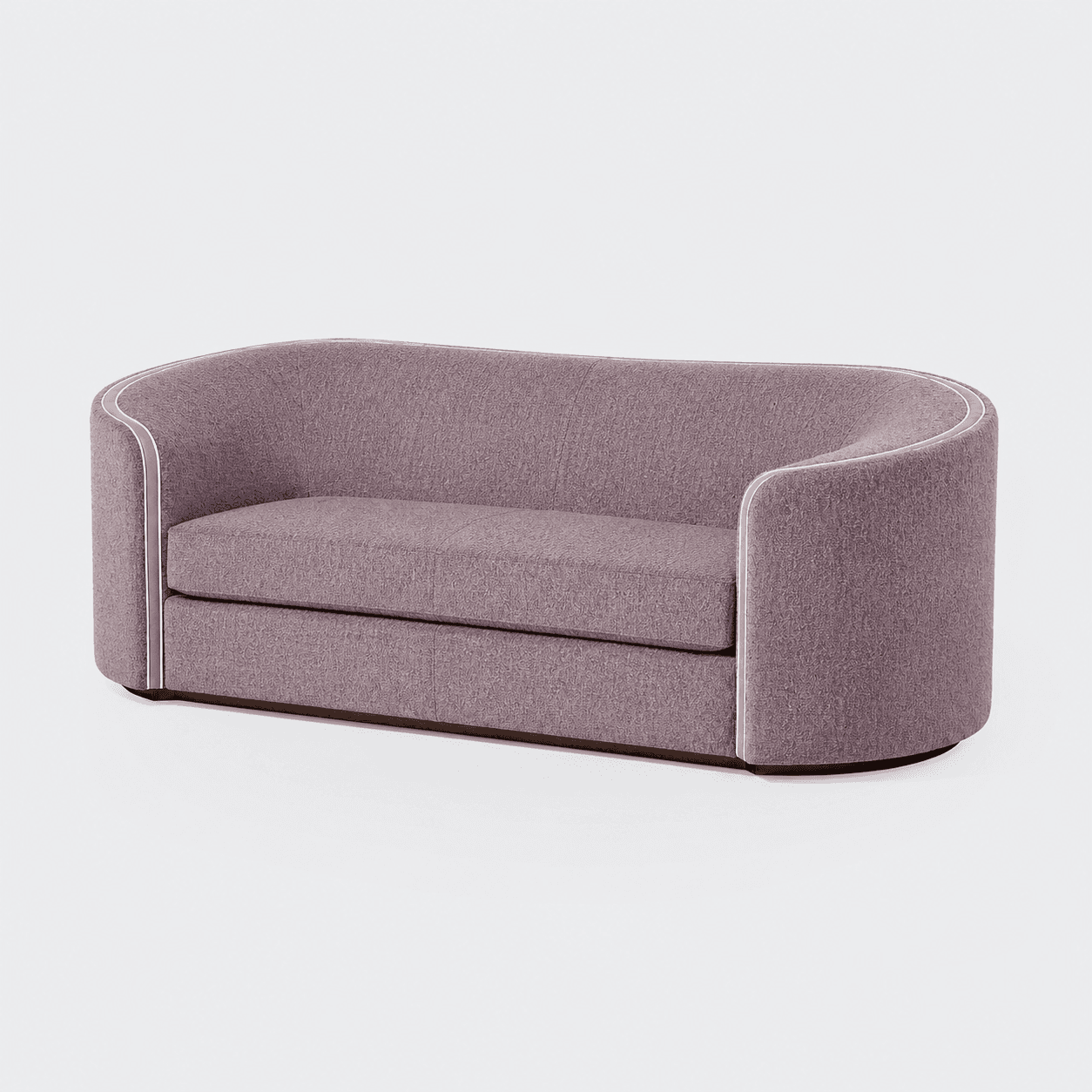 A two-seater sofa with a rounded, barrel-shaped back and arms. It features a textured, woven fabric upholstery in a muted purple hue, accented with thin, lighter piping along the edges of the frame and cushions. The sofa sits on a low, dark wood base with a slightly curved front. — 3D model
