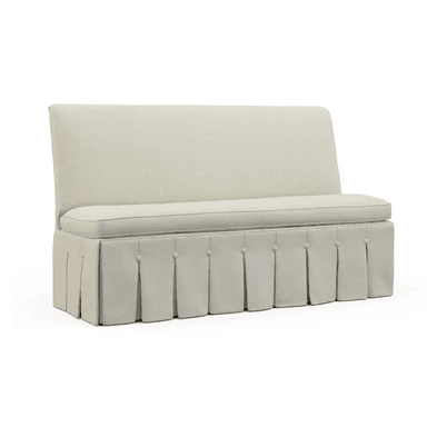 A cream-colored bench with a high back and a skirted base featuring inverted pleats and decorative buttons. The bench has a cushioned seat and backrest, upholstered in a textured fabric. — 3D model
