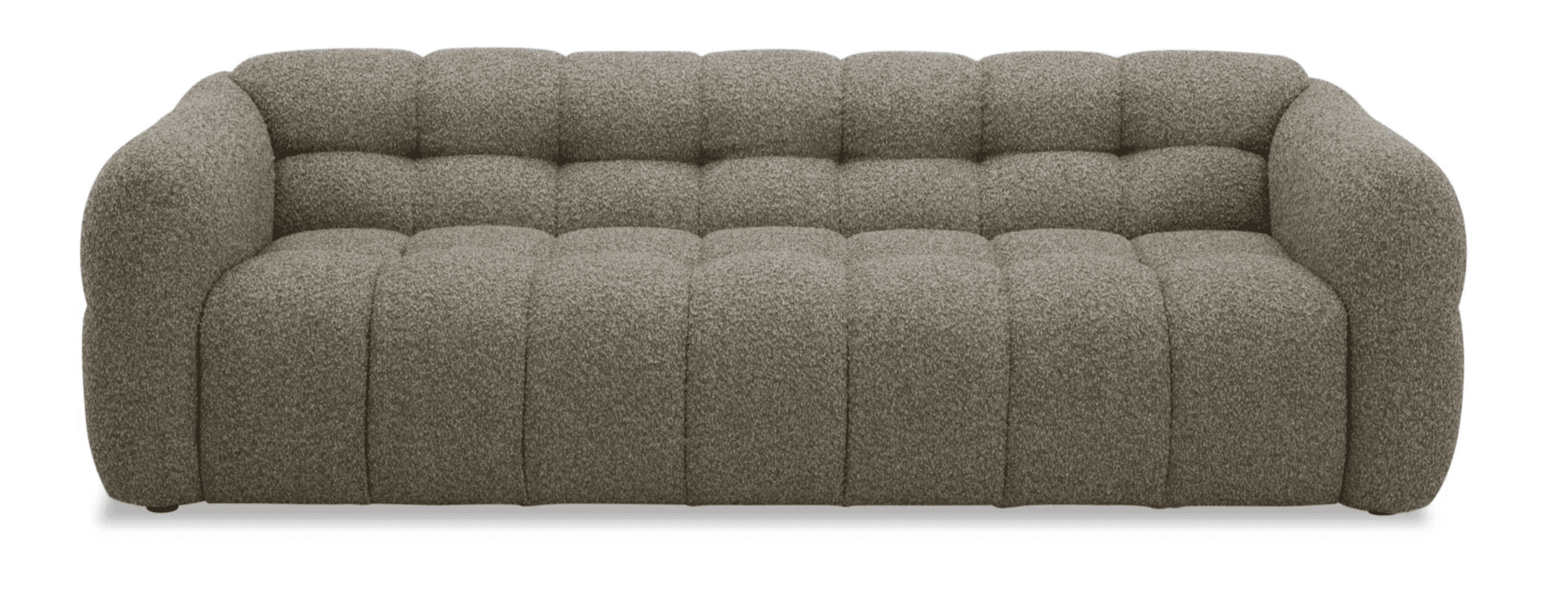 A modern, fully upholstered sofa with a plush, textured fabric. The design features deep channel tufting on both the seat and back cushions, creating a rounded, segmented appearance. The arms and base have a soft, curved profile, giving it a contemporary and inviting look. — 3D model