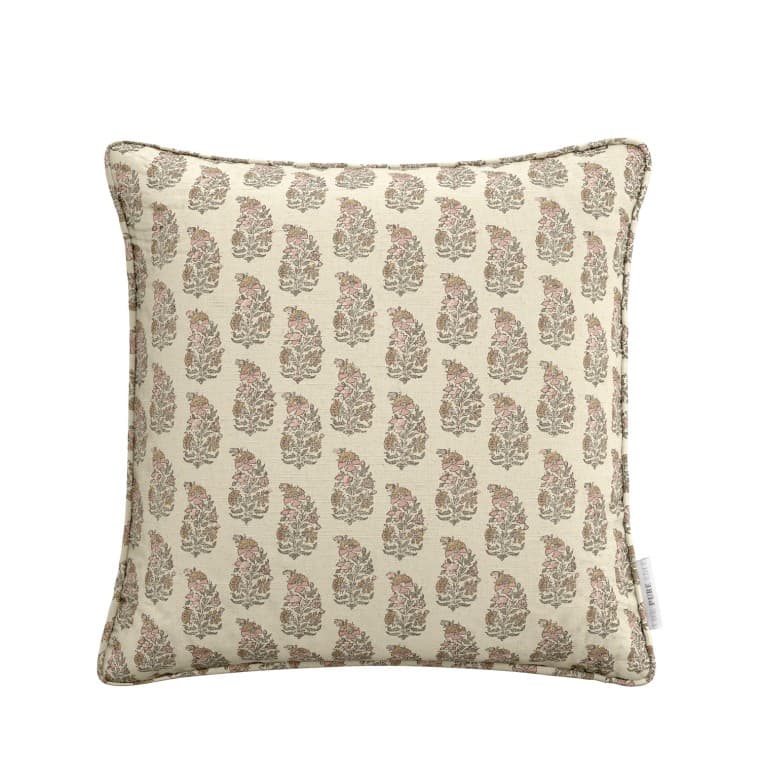 A square decorative throw pillow featuring a repetitive floral paisley pattern in muted tones of pink and taupe/brown on an off-white or cream background. The pillow has piped edges, indicating a finished and tailored look. It appears to be made from a soft fabric, likely cotton or a blend, and is plumply filled. — 3D model