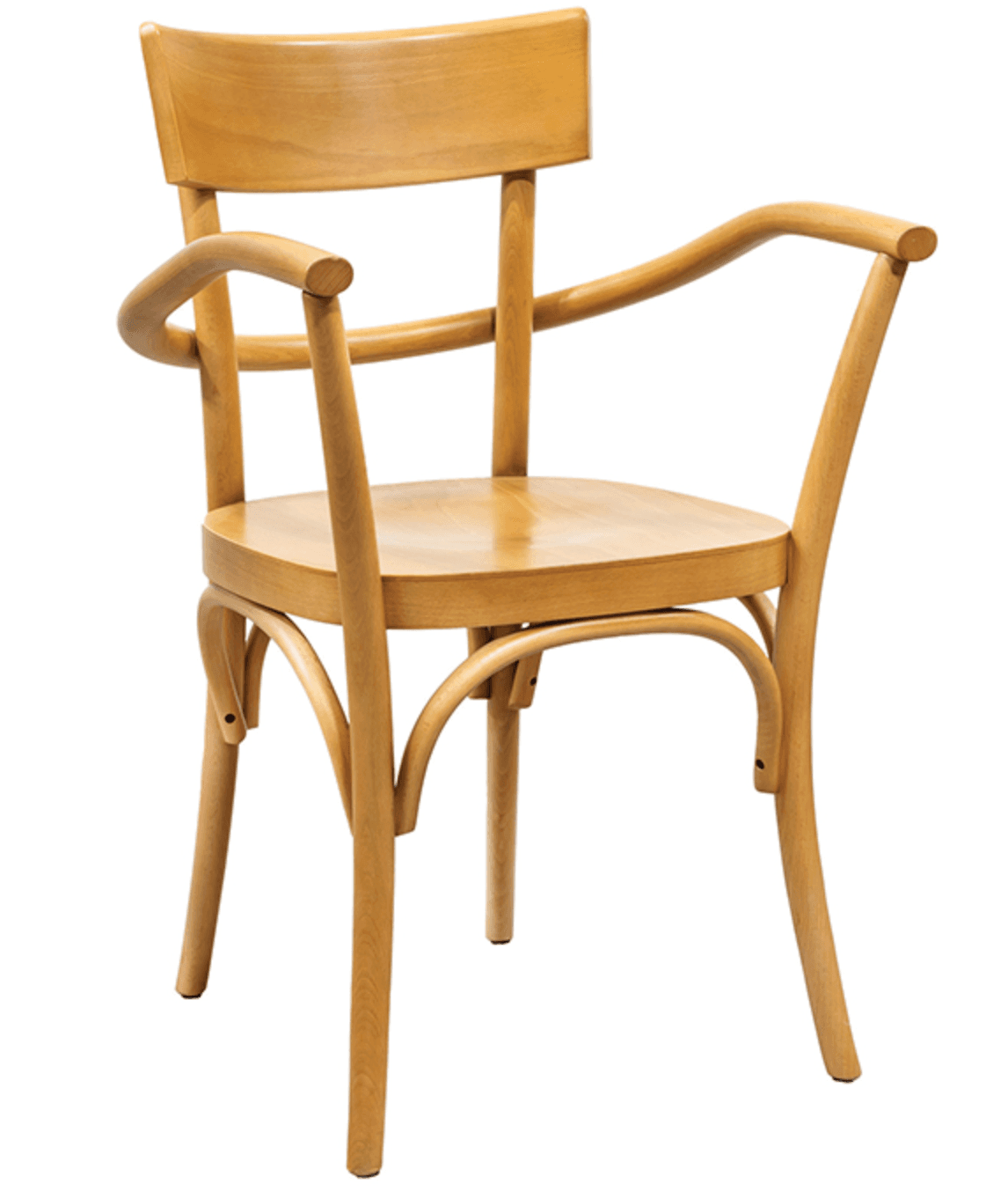 A bentwood armchair with a curved backrest, a circular seat, and curved armrests supported by bentwood legs. The construction utilizes steam-bent wood, a hallmark of this furniture style. It appears to be a single-piece unit, excluding any assembly components like screws or bolts that are not visible. — 3D model
